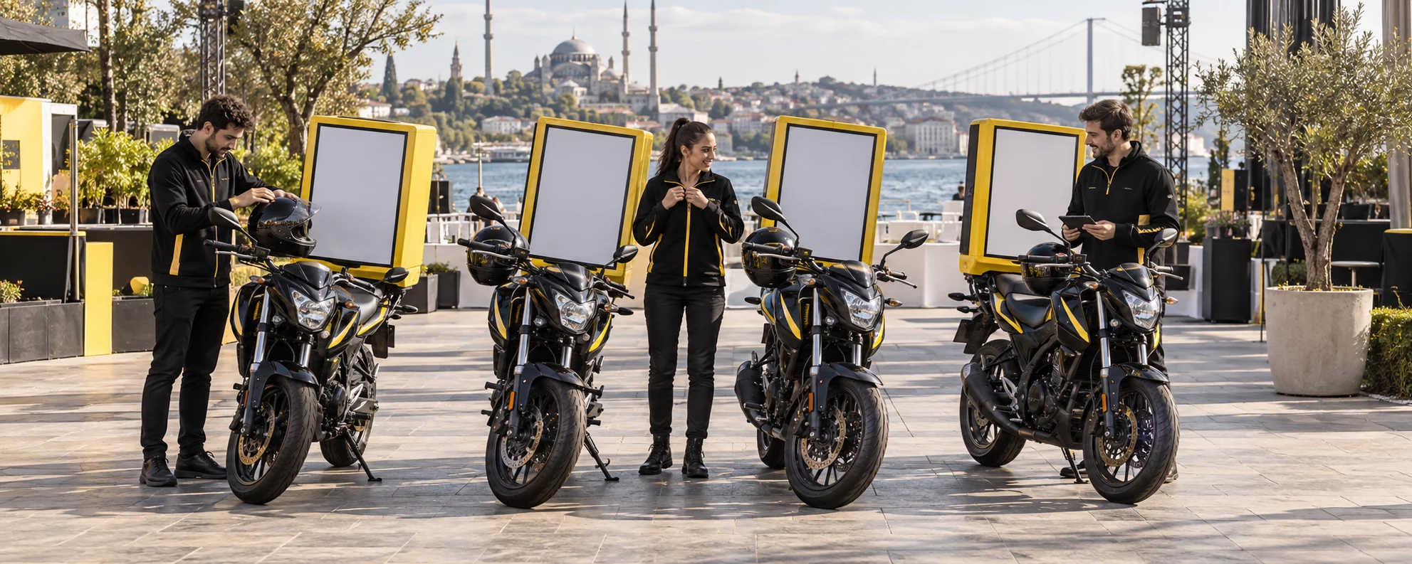 Açık hava etkinlik alanında hazırlanan reklam motosikletleri ve proje ekibi