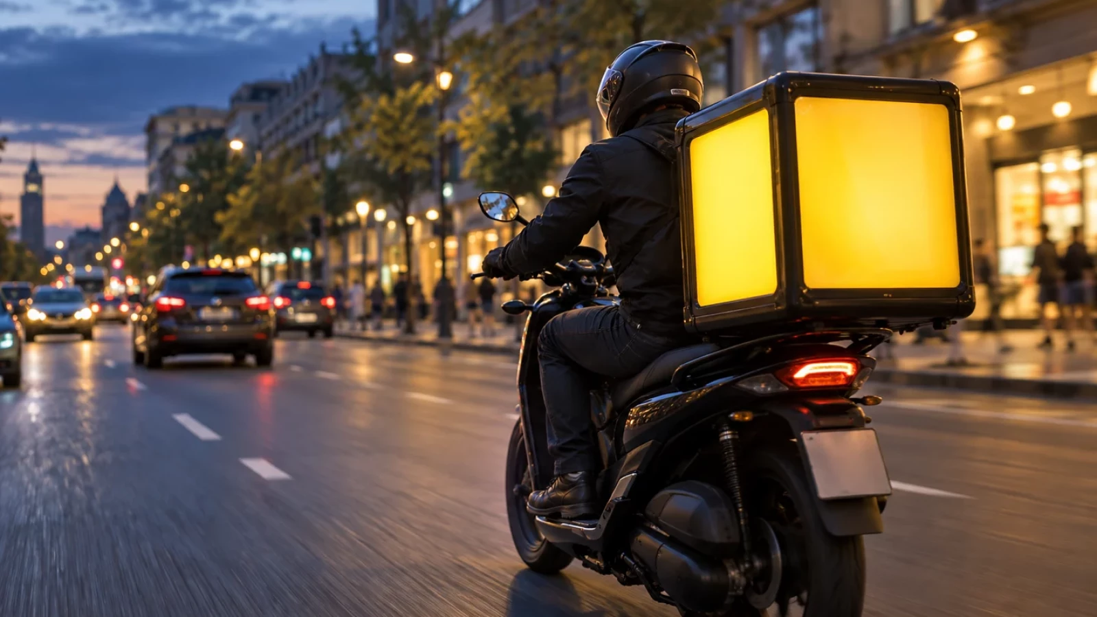 Motosikletli kuryenin arkasındaki LED ekranlı kurye çantası